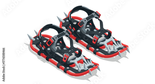 Isometric crampons rugged spiked ice climbing gear in red and black