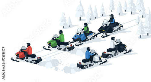 Snowmobile adventure in winter landscape with riders on a scenic forest trail