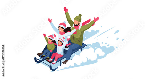 Family sledding fun in winter snow scene with happy people