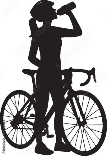  Female Cyclist Taking a Break and Drinking Water silhouette vector