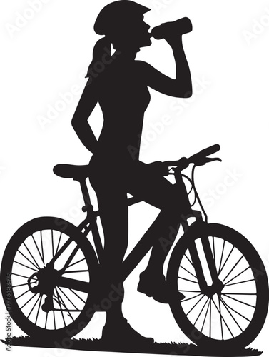  Female Cyclist Taking a Break and Drinking Water silhouette vector
