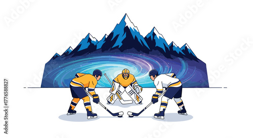 Hockey players face off against cosmic mountain backdrop in vibrant scene