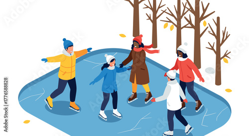 Isometric winter fun friends ice skating at a frozen pond with bare trees