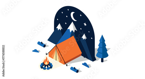 Cozy night camping with tent and campfire under starry sky in isometric style