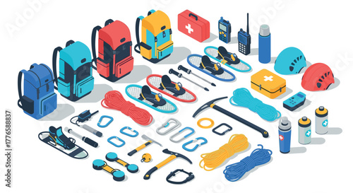 Isometric hiking and climbing gear array with backpacks, helmets, and ropes