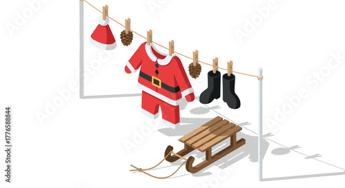 Isometric santa outfit drying on clothesline with pine cones and sled