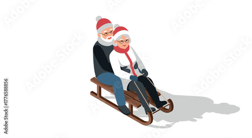 Elderly couple enjoying winter sledging in minimalist isometric style