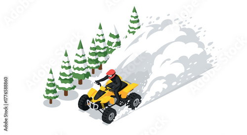 Isometric quad biking adventure in snowy forest landscape