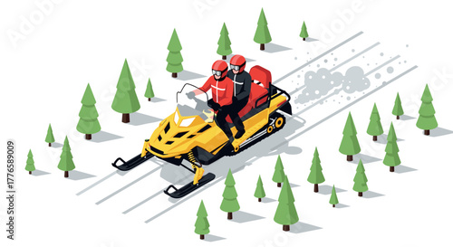 Isometric snowmobile adventure two riders exploring a winter wonderland