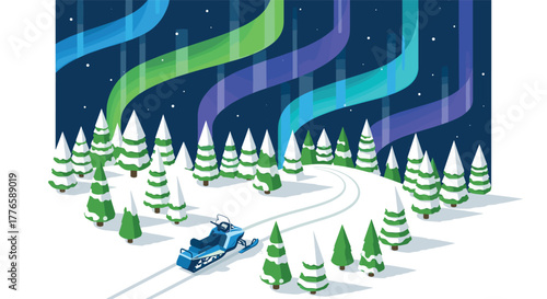 Winter landscape with snowmobile and northern lights in flat design