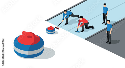 Isometric curling game with athletes on ice rink in action