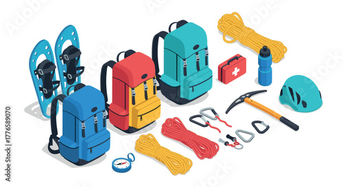 Winter camping gear isometric setup featuring backpacks, snowshoes, and climbing equipment