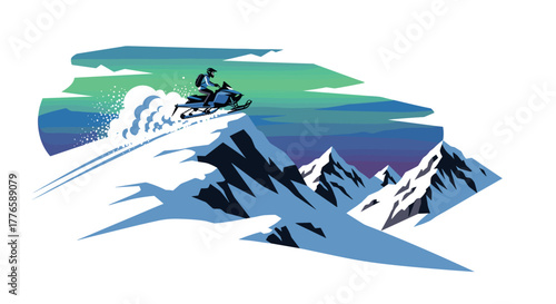 Dynamic snowmobile ride on mountain with vibrant aurora sky background