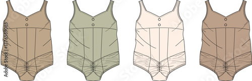 Lingerie bodysuit fashion flat sketch template set, a design concept for women's apparel and garment manufacturing