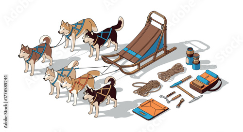 Isometric dog sled team with equipment for outdoor adventure