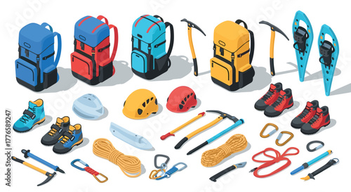 Isometric mountaineering gear set backpacks, ice axes, and climbing equipment