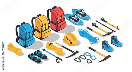 Essential outdoor gear for hiking and climbing in isometric style