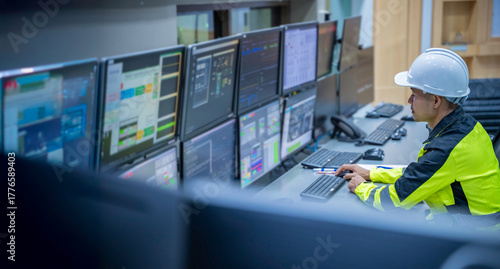 Engineer working at control room, Manager control system, Technician man monitoring program from a lot of monitor.
Specialist observes analytics dashboard,operator inspects digital interface
