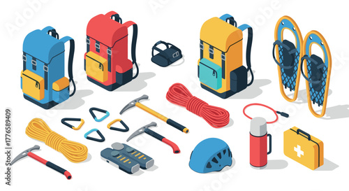 Essential hiking and climbing gear in isometric style featuring backpacks, ropes, and safety equipment