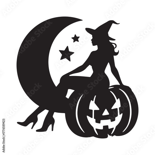 Pin-Up Witch Silhouette Sitting on Jack-O'-Lantern with Crescent Moon Design. 