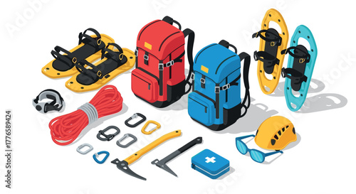 Isometric winter sports gear backpacks, snowshoes, and safety equipment