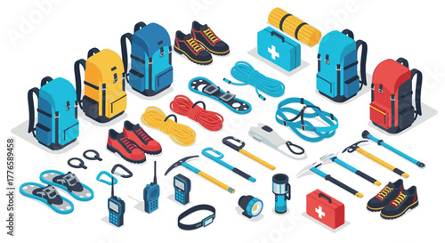 Isometric outdoor adventure gear set with backpacks, tools, and hiking accessories