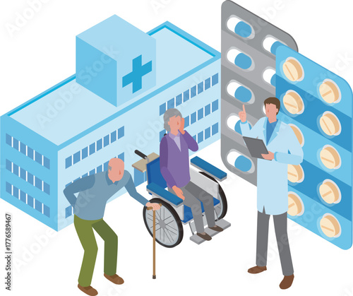 薬を処方する医師と高齢男女