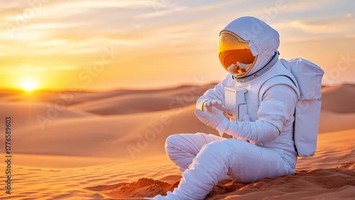 Astronaut's Desert Solitude: An astronaut finds a moment of serenity amidst the vast expanse of a desert landscape, embracing the quietude of the surroundings.