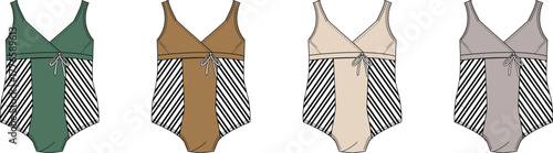 Fashionable one-piece swimsuits with V-necklines and stylish striped patterns