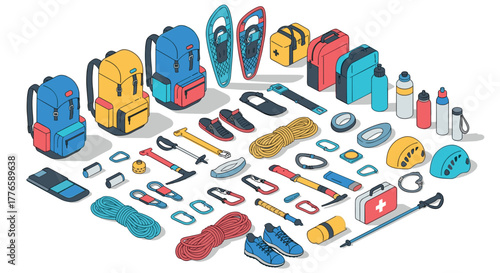Outdoor adventure gear in isometric style for hiking and camping enthusiasts