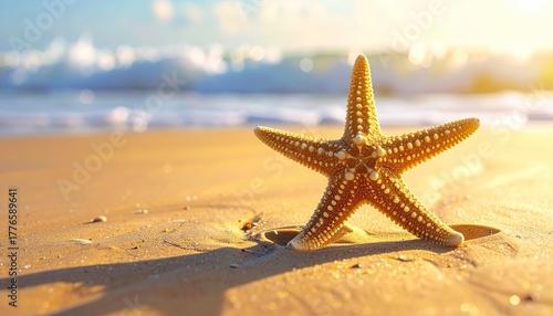 Starfish Resting on Sandy Beach Shoreline During Golden Hour Sunset with Gentle Ocean Waves and Bright Sunlight
