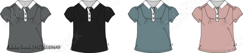 Collection of four short-sleeved collared shirts in various colors on a white background