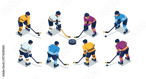 Isometric ice hockey players in action with puck on white background