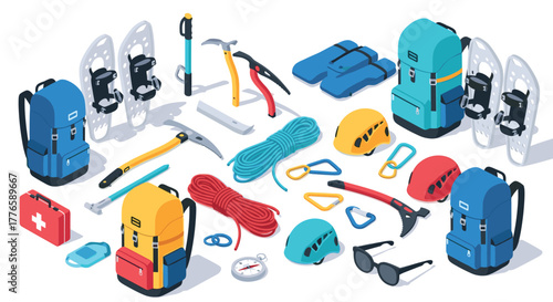 Isometric winter hiking gear set with backpacks, climbing tools, and safety equipment