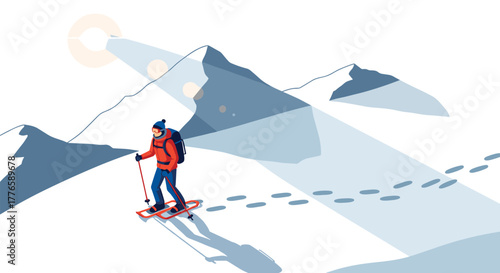 Dynamic isometric winter adventure with snowboarder in pristine mountain landscape