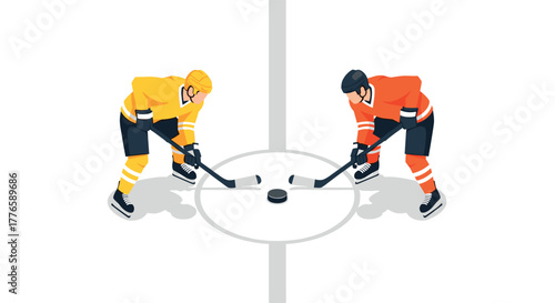 Ice hockey faceoff with opposing players in action on white background