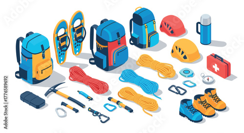 Essential hiking and climbing gear in isometric design for outdoor adventures