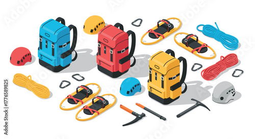 Colorful isometric camping gear and equipment set for outdoor adventures