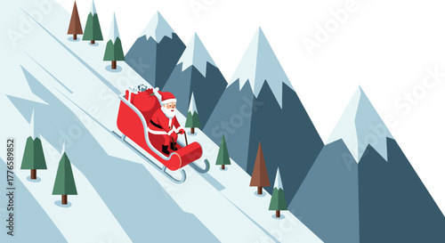 Santa claus on sleigh in winter wonderland with mountains and pine trees