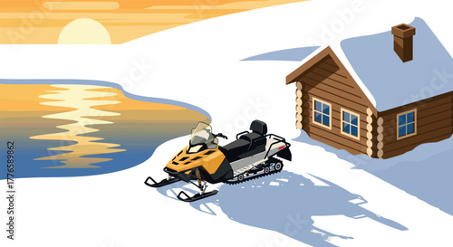 Snowmobile adventure in winter sunrise by lake with cozy wooden cabin
