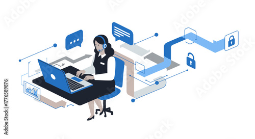 Customer Service Representative Working on Laptop with Headset.