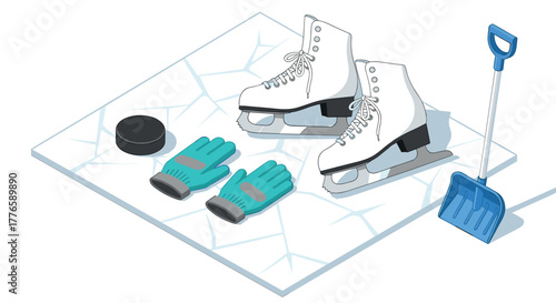 Isometric ice skating gear with hockey puck and shovel for winter sports