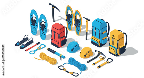 Isometric camping gear set with hiking equipment and mountaineering tools for outdoor adventures