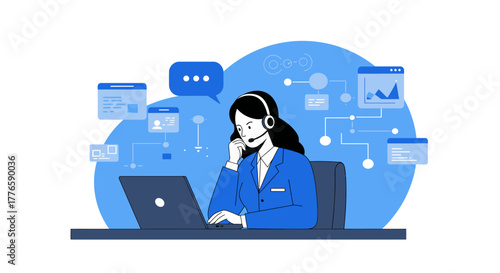 Customer Service Representative Working with Headset and Laptop.