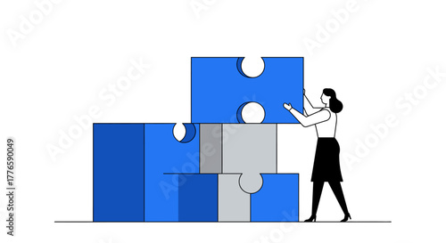 Woman Assembling Puzzle Pieces for Teamwork Concept.