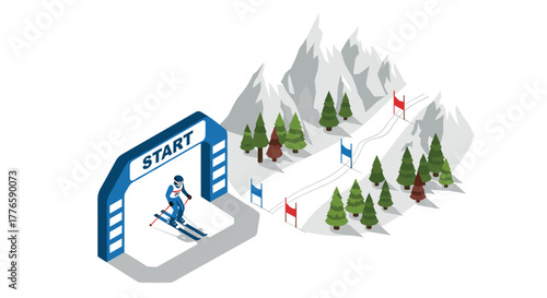Isometric ski race course with mountains and trees