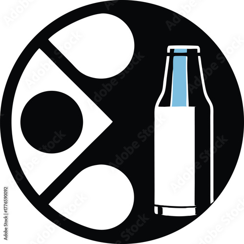 Black circle with abstract shapes and a bottle silhouette