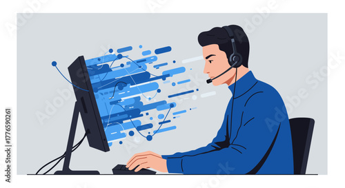 Customer Service Representative Working on Computer with Headset.