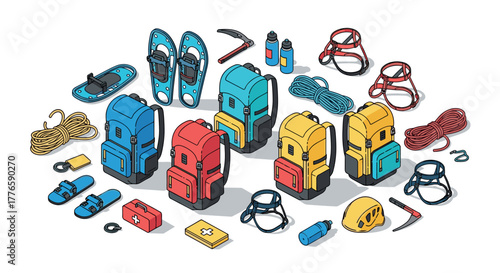 Outdoor adventure equipment with vibrant backpacks and gear for hiking and climbing