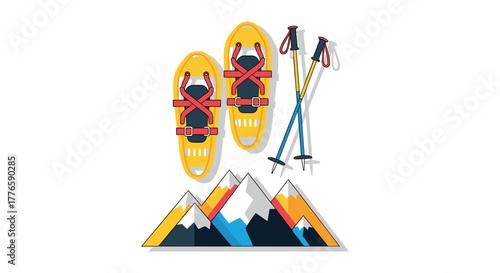 Colorful mountain adventure gear with snowshoes and poles